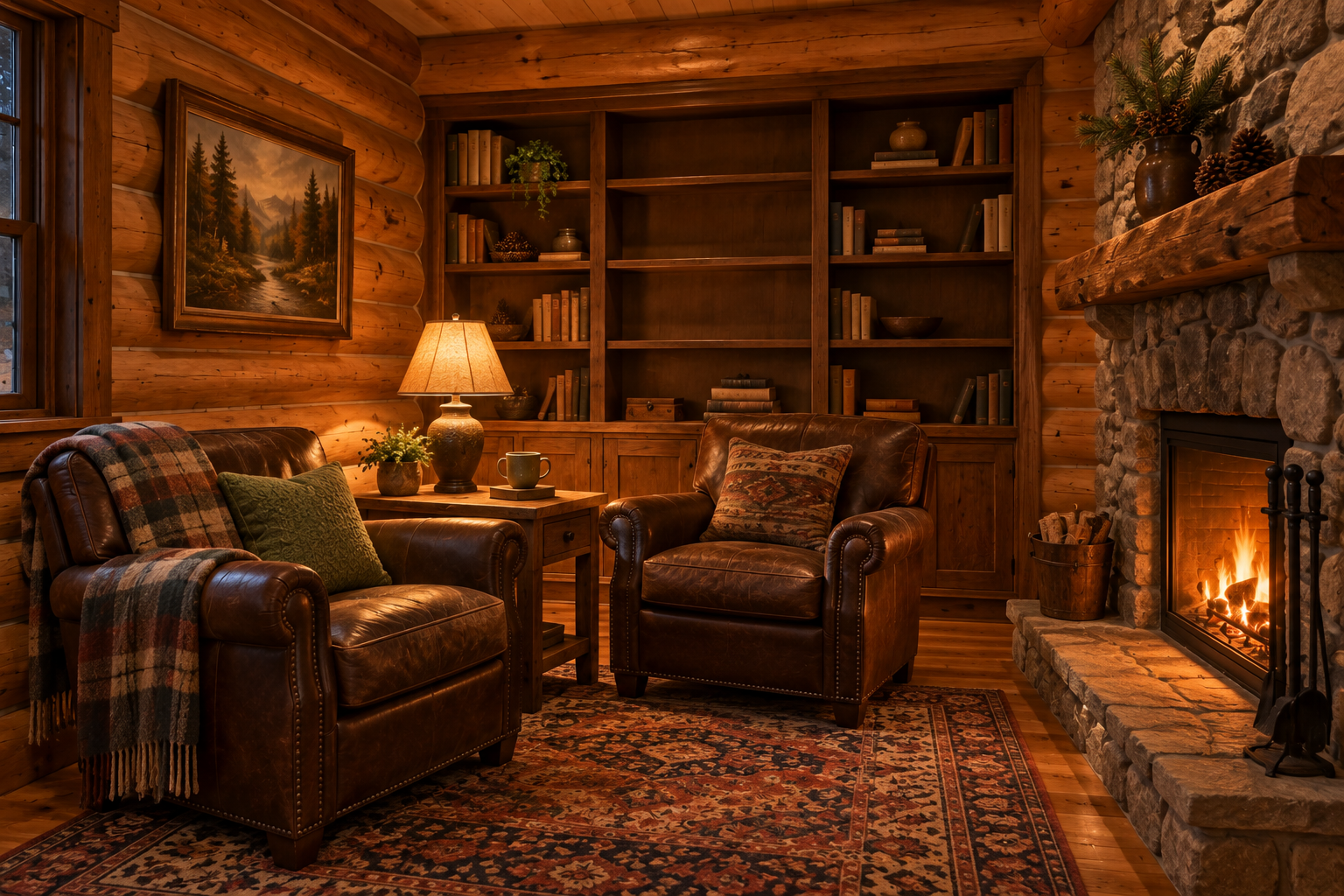 An intimate log cabin Den with two leather reading chairs, a lamp and mug on the table between them, a gentle stone fireplace, woodland artwork and a rustic rug. The center bookshelf is intentionally open for future stories.