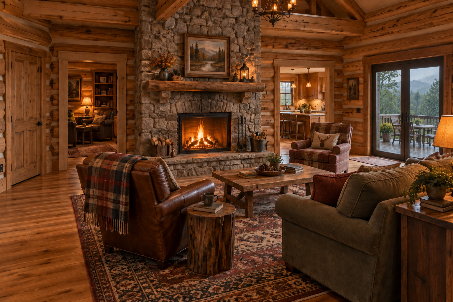 The Great Room, with chairs around a stone fireplace. A closed bedroom door and open den are on the left, the kitchen and rainy patio view are on the right.