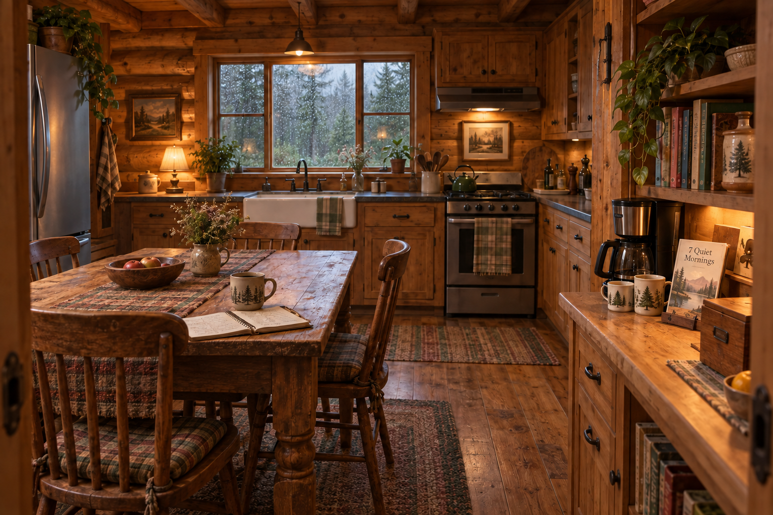 A warm log cabin kitchen with a wooden table, recipes, rain at the sink window, and a coffee nook with the 7 Quiet Mornings booklet.
