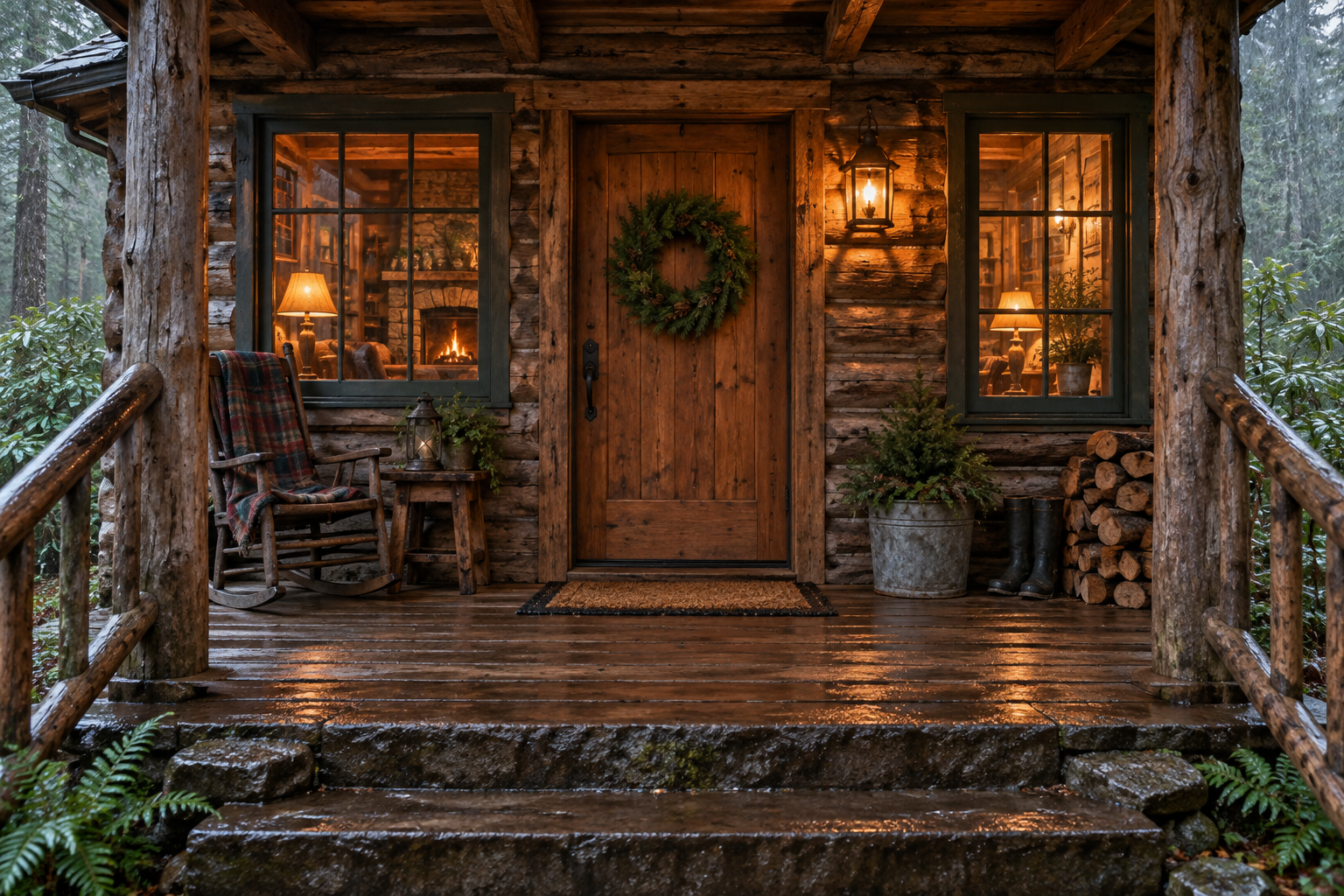 A sheltered log cabin porch with a wreath on the wooden door, warm lanterns, and rain outside.