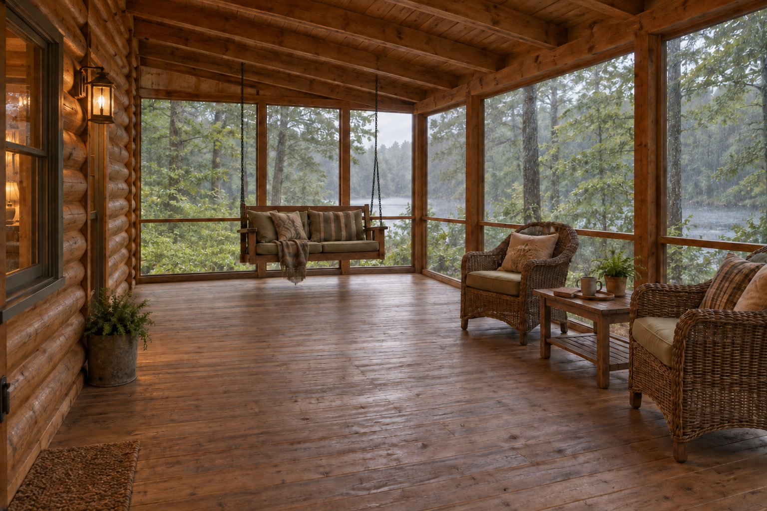 Spacious screened porch with a compact swing centered along the back screens, two wicker chairs and a coffee table on the right, and rainy green woods beyond the screens.